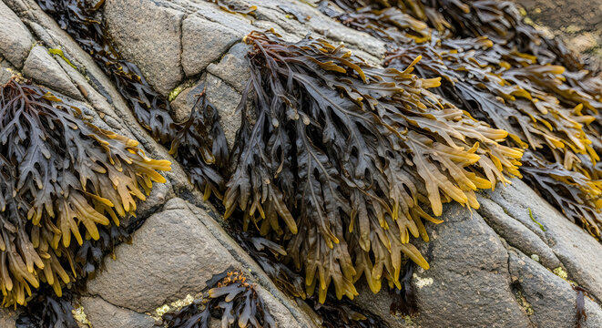 Green seaweed growing on dark wet rocks by the ocean