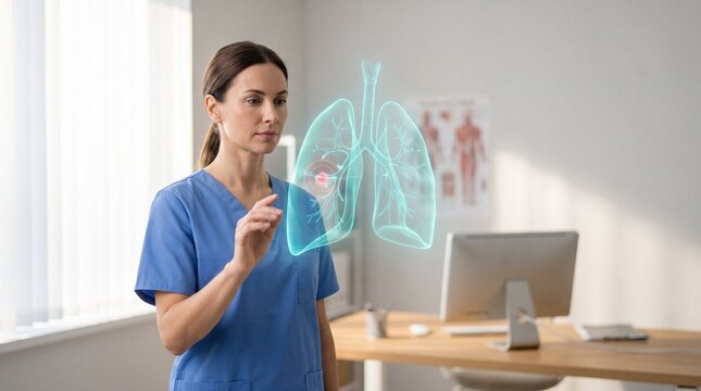 Female doctor analyzing 3D holographic lung model with highlighted red nodule in clinic