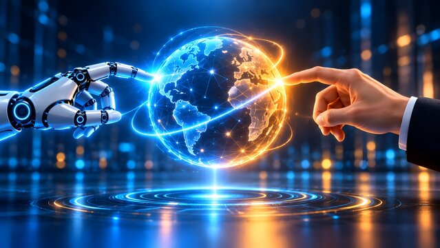 Android and human hands interacting with a virtual planet network. Concept of global metaverse infrastructure and business communication.