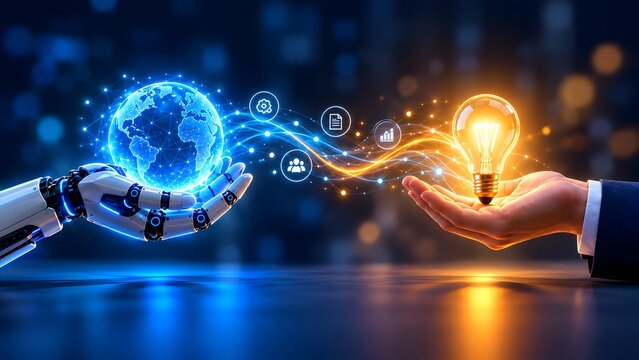 Robotic arm and human hand holding a glowing digital globe and bright lightbulb. Concept of artificial intelligence collaboration and technological innovation.