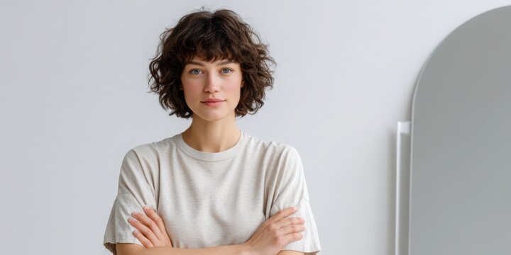Confident Young Brunette Woman with Short Hair Posing on Gray Background