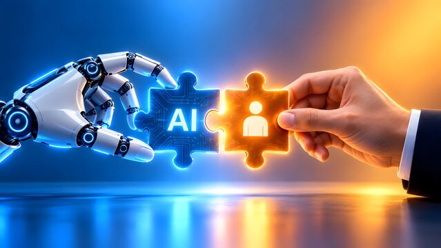 Cyborg and human connecting glowing neon puzzle blocks. Concept of future business integration and strategic synergy.