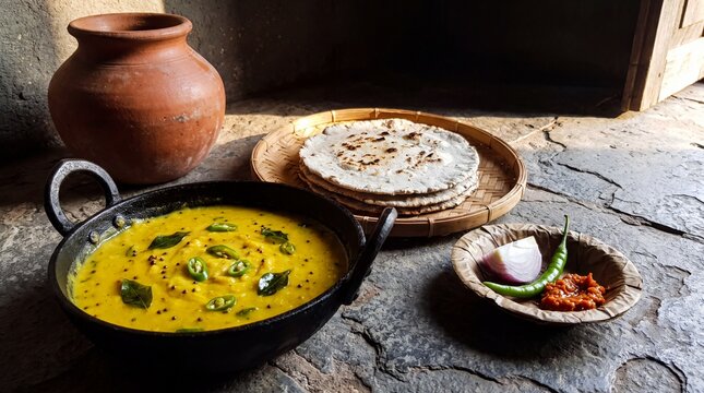 Village Style Pithla Bhakri &mdash; Maharashtrian Gram Flour Curry in a Cast Iron Kadai with Jowar Bhakri, Onion, Green Chilli and Pickle