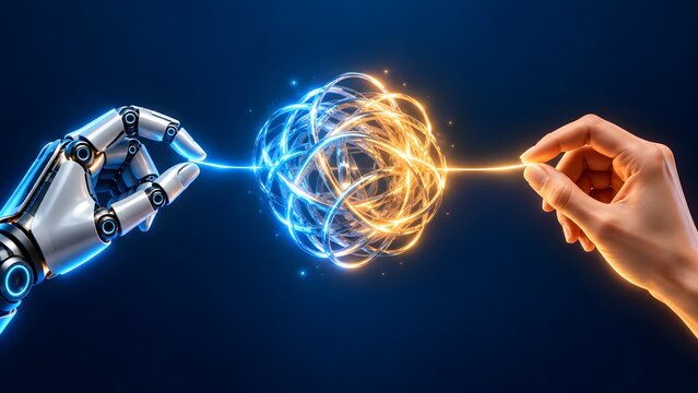 Android and human fingers grasping knotted glowing wires. Concept of algorithmic chaos resolution and synergistic growth.