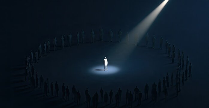 A single figure stands illuminated in a spotlight, surrounded by a crowd