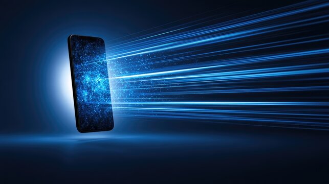 Futuristic smartphone emitting glowing blue light streaks against dark background