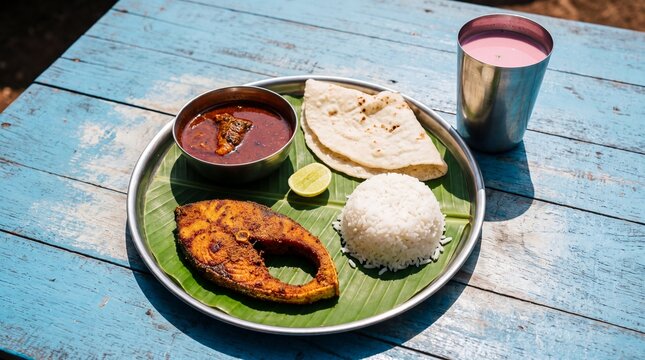 Konkani Style Fried Fish Thali with Rice Curry Bhakri Lime and Solkadhi on a Banana Leaf Over a Blue Wooden Table