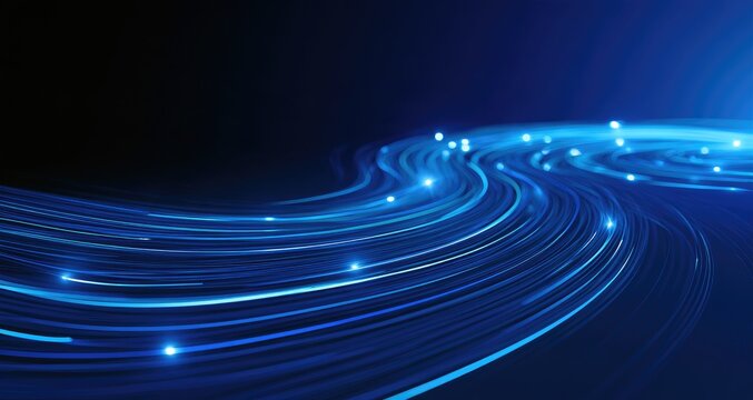 Swirling blue light trails illuminate a dark background, suggesting speed and connectivity