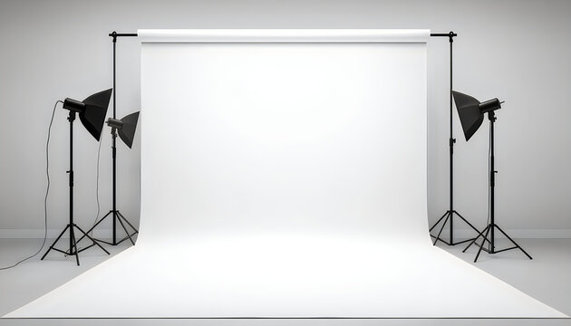 Empty white studio backdrop with professional lighting equipment for photography.
