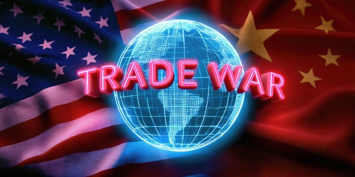Glowing Earth with "Trade War" text between US and Chinese flags