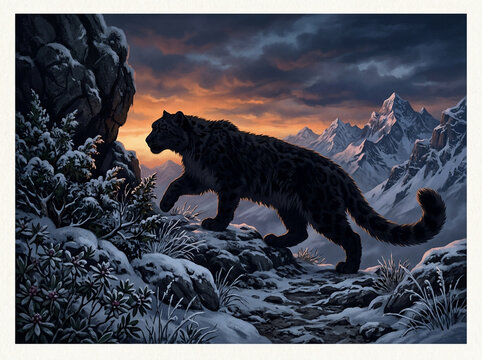 A majestic snow leopard prowls along a snowy mountain ridge during a dramatic sunset