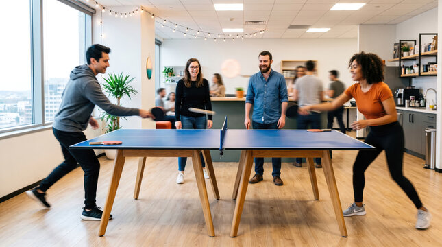 Diverse group of colleagues playing ping pong in a modern office breakroom