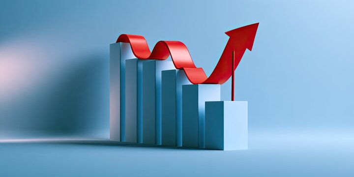 Stylized 3D bar chart shows upward trend with red arrow