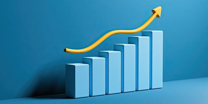 A 3D render of a bar chart with an upward trending arrow