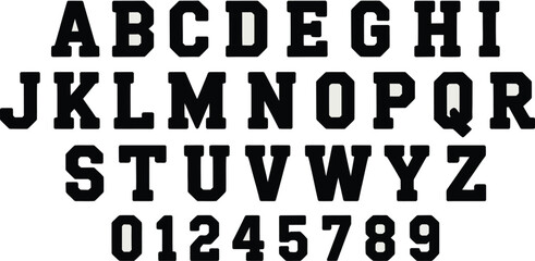 Varsity font vector alphabet, collegiate and athletic lettering set with bold style, sports typography for school emblems, team logos, apparel prints, and retro graphic projects. ©   