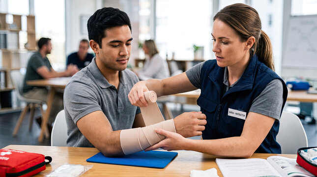 First aid instructor wrapping a bandage on a man arm in a medical training class