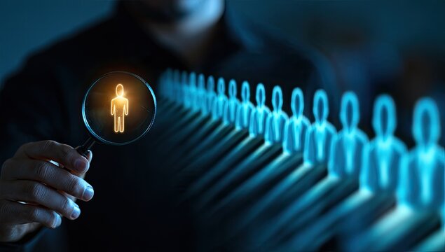 Magnifying glass focuses on illuminated figure in a line of silhouettes