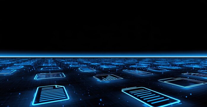 Digital information files arranged on a dark, glowing network