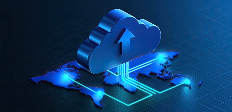 3D digital cloud with upload arrow rests on a glowing world map