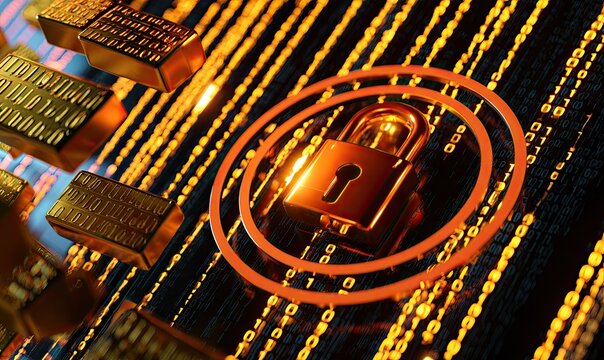 Glowing padlock icon within digital matrix of secured information