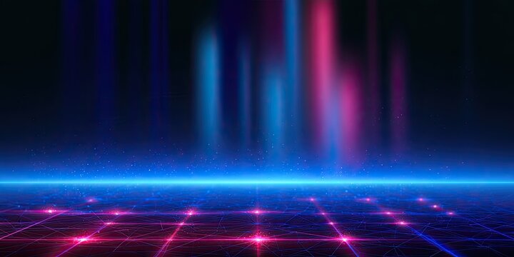 Abstract grid floor with glowing lines and vertical light beams
