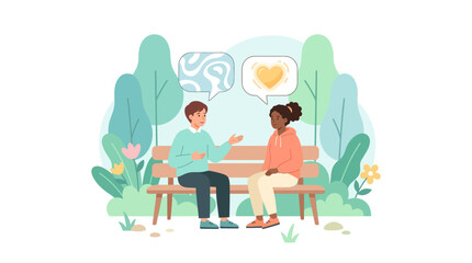 Fototapeta premium Diverse Couple Talking on Park Bench Vector Illustration - Empathy and Communication Concept