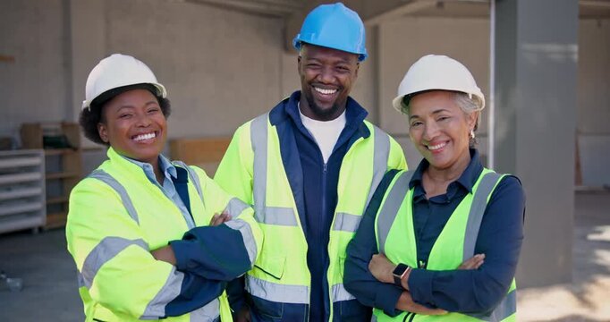 Architect, team and face with confidence for construction site for about us or building service. Portrait, group or electrician with smile or arms crossed for architecture project or development