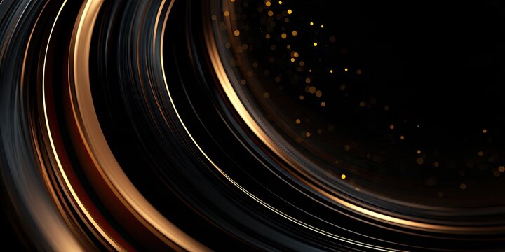 Swirling metallic ribbons in black and gold with scattered bokeh lights
