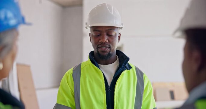 Engineer, man and discussion at construction site with team, advice and instructions for technician. Manager, people and talk with engineering, project or delegation of responsibility to electrician.