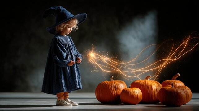 Young girl wearing a blue witch hat and dress, standing beside pumpkins, casting a magical spark with her hands, creating an enchanting autumn scene filled with wonder