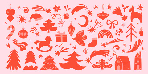 Obraz premium Hand-drawn vintage, retro style Christmas icon set. Christmas design elements, decorations, trees, stars, snowflakes, baubles, toys, gifts and houses. Red and pink winter holiday isolated elements