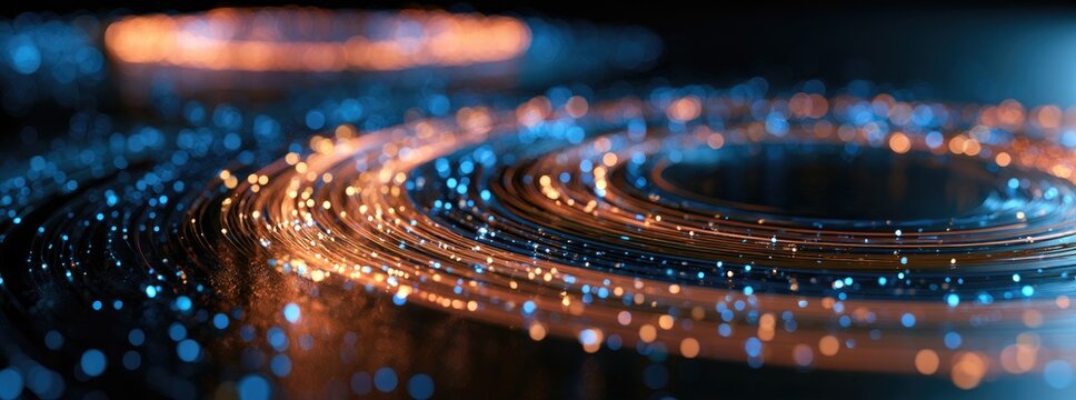 Swirling streams of glowing orange and blue particles against a dark background