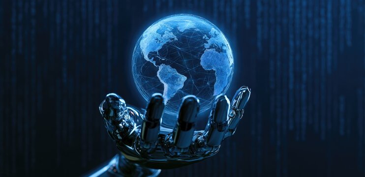 Futuristic robotic hand holding a glowing digital globe against a binary code background