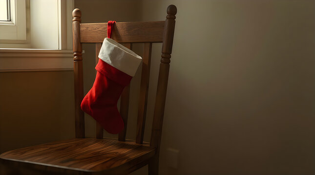 Red christmas stocking hanging on wooden chair near window for holiday decoration.