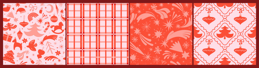 Obraz premium Hand-drawn vintage, retro style Christmas seamless pattern set. Christmas design elements, decorations, trees, stars, snowflakes, baubles, toys, gifts and houses. Endless repeat background, wallpaper.