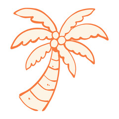 Elegant hand drawn palm tree featuring curved leaves and a textured orange outline. This simple tropical motif is suitable for vacation graphics, resort identity, beach posters, travel merchandise, su © Afghani