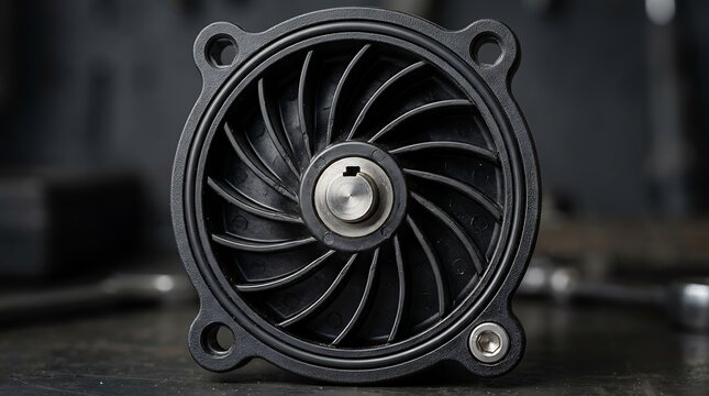 Close-up of a marine bilge pump impeller with curved blades on a workbench in a mechanic garage