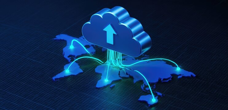 3D metallic cloud with upload arrow connected to world map