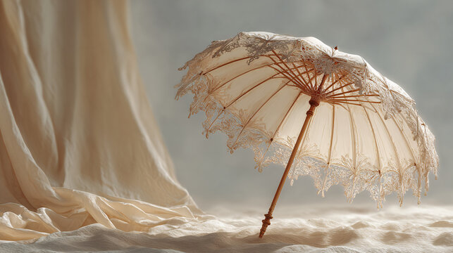 Parasol resting on sand with a delicate lace design and flowing fabric creates a vintage aesthetic.