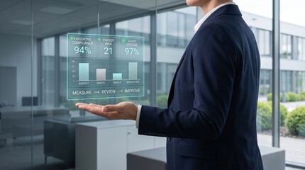 Fototapeta premium A professional businessman interacting with a futuristic holographic data interface display inside a modern corporate office building environment setting