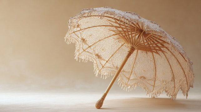 Lace umbrella stands open on a neutral surface casting a delicate shadow in warm interior lighting.