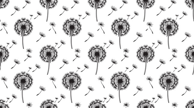 Seamless dandelion pattern with hand drawn black and white flower heads and flying seeds for background wallpaper vector art design