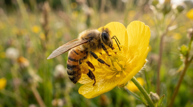 Honey bee collecting pollen on yellow wildflower, macro shot of honeybee on buttercup, fuzzy insect in summer meadow
