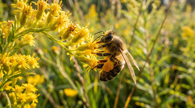 Honey bee collecting pollen on yellow wildflowers. Macro shot of a honeybee on goldenrod. Pollination in a sunny summer meadow.