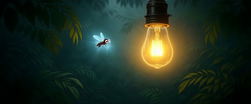 Playful Moth Character Hovering Near Bright Light Bulb In Darkness