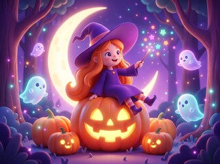 Fototapeta premium Cute young witch with red hair and a purple wizard hat reading a magical glowing spell book inside an enchanted fantasy library. Floating books, colorful magical symbols, sparkling particles, glowing 
