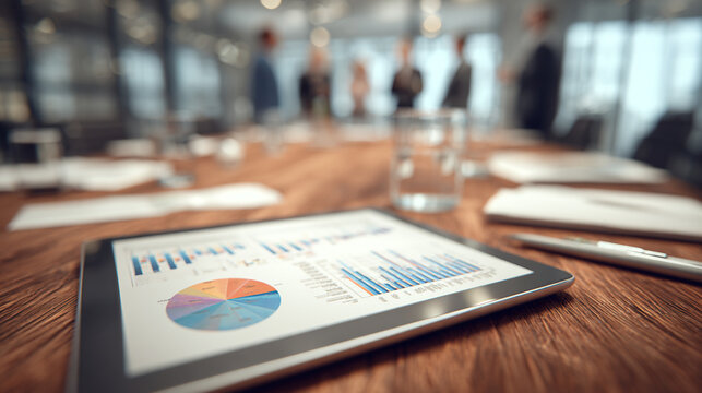 Digital tablet displaying financial charts lies on wooden boardroom table with blurry professionals standing behind