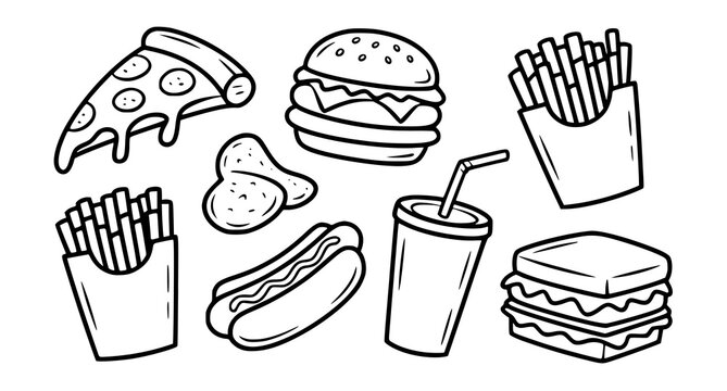 Fast Food Sketch Vector Set &ndash; Pizza, Burger, French Fries, Chips and Food Illustrations