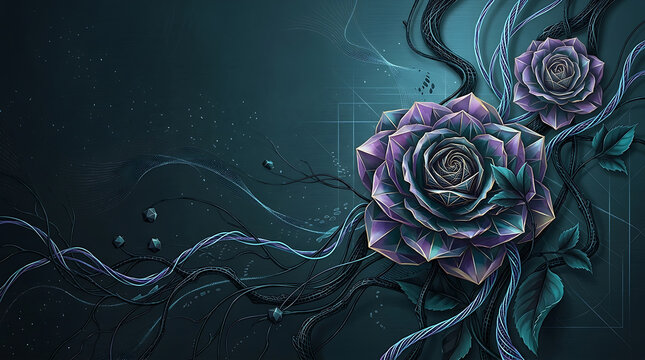 Abstract geometric purple roses with dark flowing vines on dark