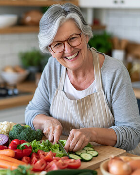 Happy senior woman smiles while chopping vegetables. She wears glasses and an apron in a bright kitchen. Fresh herbs, tomatoes, and cucumbers surround her. Her joyful expression radiates warmth